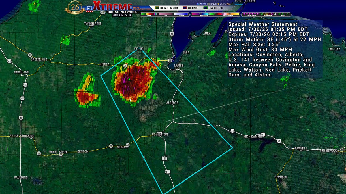 dpnf01's tweet photo. SWS for S Central Houghton and SW Baraga Co until 215p. Winds over 30mph and pea size hail. https://t.co/pDcBnGK5c2