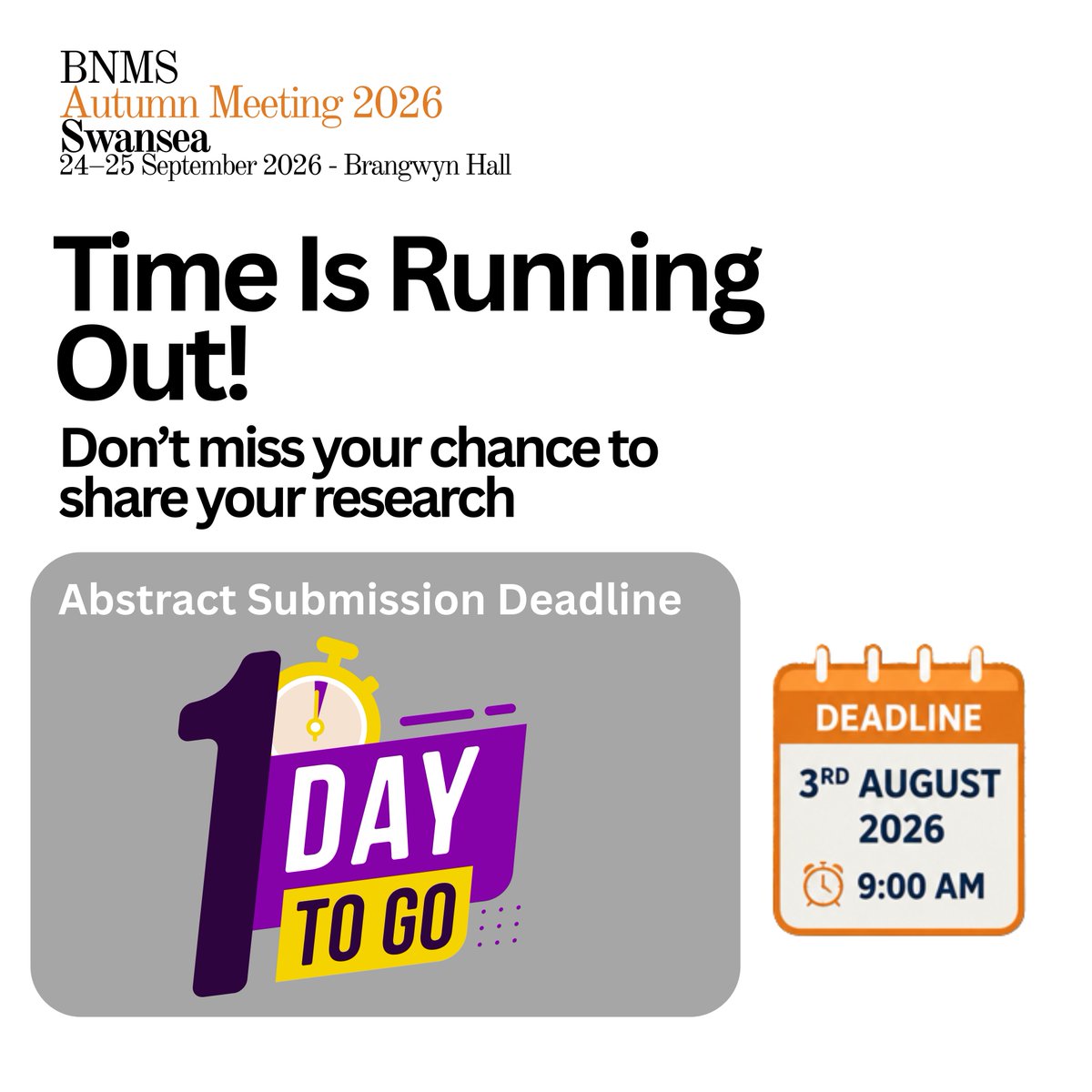 BNMSnews's tweet photo. Final day before the deadline!

Tomorrow at 9:00 am, abstract submissions will close.

If you've been putting the finishing touches on your abstract, now is the time to submit.
https://t.co/F1BZSa3yWJ https://t.co/tAbXgfHjhr