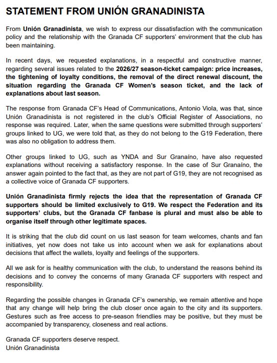 UnionGranada's tweet photo. Desde Unión Granadinista compartimos este comunicado ante la falta de respuestas del club sobre la campaña de abonos y ante una forma de relacionarse con la afición que no compartimos.

El granadinismo es plural y merece respeto, explicaciones y una comunicación sana con su club. https://t.co/fKYFVTaCJ5