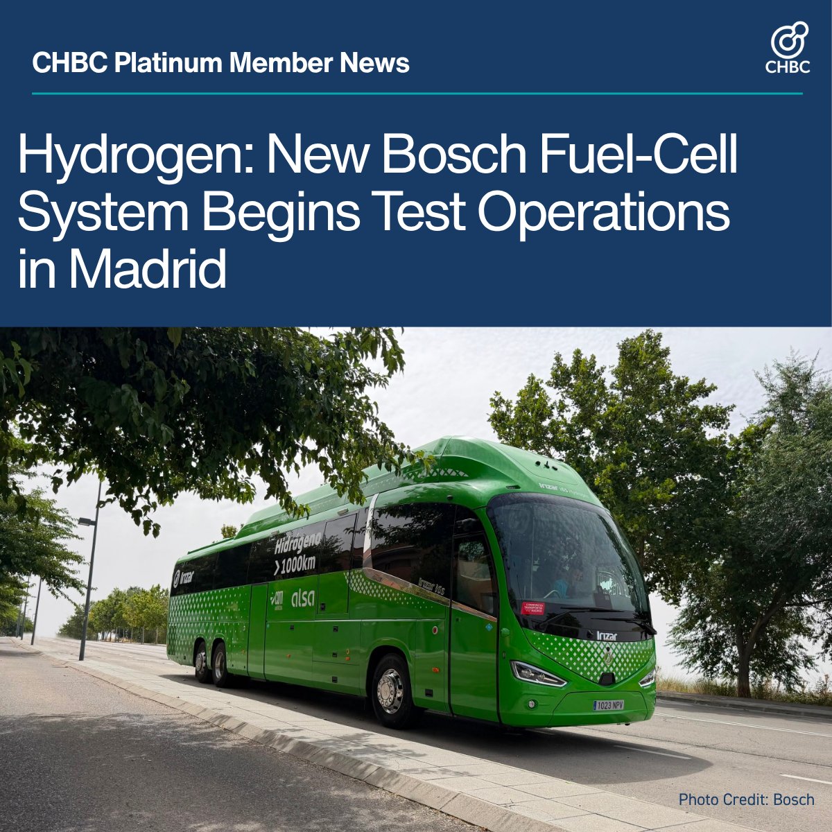 CAHydrogen's tweet photo. CHBC Platinum Member @BoschGlobal has launched test operations of its #fuelcell system in Madrid, powering an Irizar #hydrogen bus. With 1,000+ km of range and 10–15 minute refueling, the project highlights hydrogen's potential for transit.

🔗 https://t.co/Vj9bao5HKa https://t.co/imiXBbg5k9