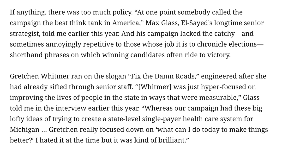 HenryJGomez's tweet photo. Interesting tidbit here: 

El-Sayed and his team learned a lesson from Whitmer's repetition and sloganeering in 2018 — "Fix the damn roads!" — and built his 2026 campaign around his own repetitive call: "Money out of politics, money in your pocket, Medicare for All." https://t.co/LDxZGbm4jy