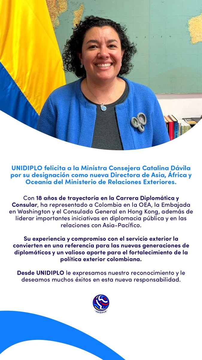 unidiplo's tweet photo. Por más diplomáticas de carrera en cargos directivos en @CancilleriaCol ¡Felicitaciones Catalina! https://t.co/P3Hy9tJEhe