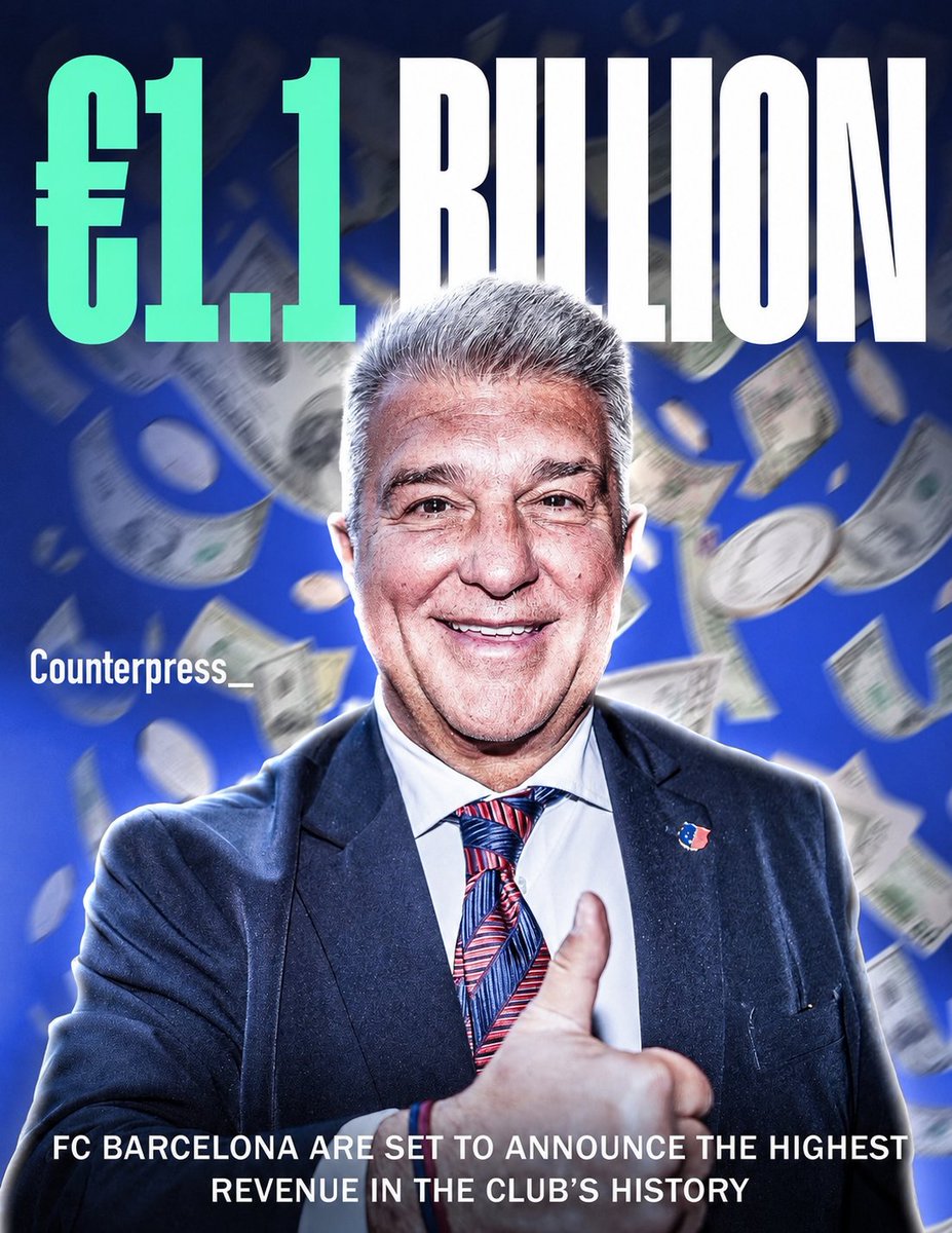 Counterpress__'s tweet photo. 💰 Barcelona are printing history.

€1.1 BILLION in revenue. A new club record. From financial crisis to financial powerhouse—Barça's comeback is impossible to ignore. 🔵🔴

Can Barcelona dominate both on the pitch and financially this season? 👀👇 https://t.co/IDBUVB7V9I