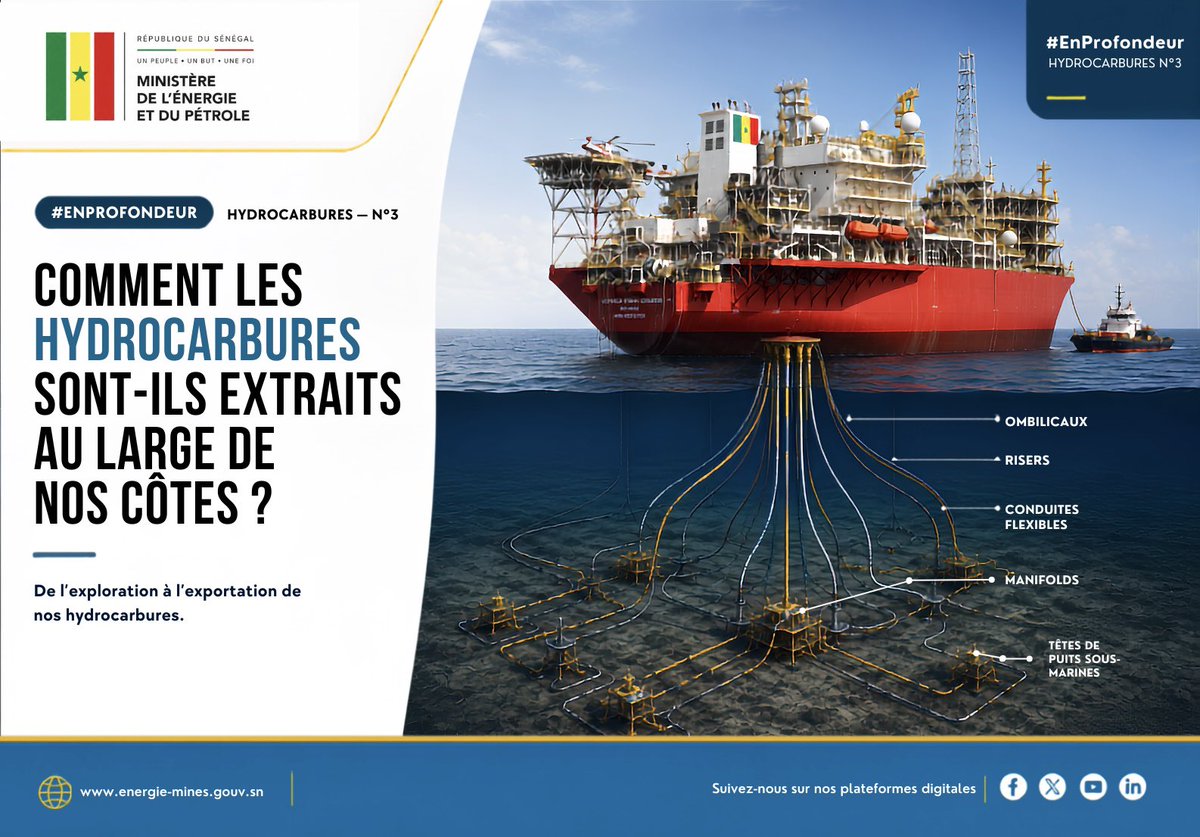 Mepsenegal's tweet photo. Comment le pétrole est-il extrait au large du Sénégal ?
Découvrez, à travers #EnProfondeur, les étapes de la production au champ de #Sangomar : forage, complétion, production, réinjection d’eau, traitement sur le FPSO et exportation.
#Hydrocarbures #Offshore #Sénégal https://t.co/60PuWdsQN2