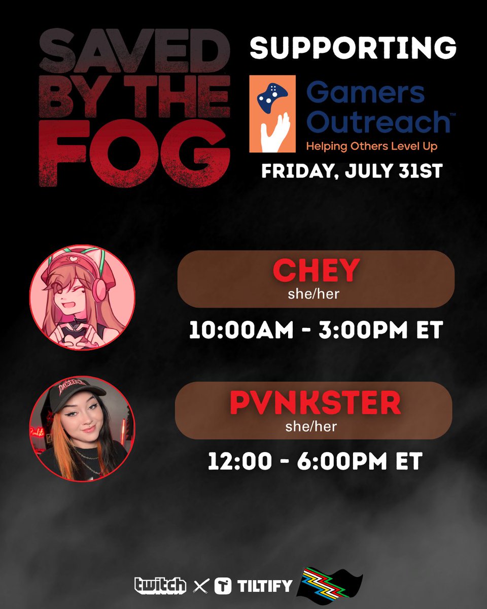 PVNKSTER's tweet photo. Saved by the Fog 2026 is officially coming to a close. @Chey_ttv will be kicking things off for us today 🖤 and I will see you guys at 12pm ET for the FINAL charity stream. Come out and support while you can, and thank you for being on this journey with us! https://t.co/YzsR8qu0b7