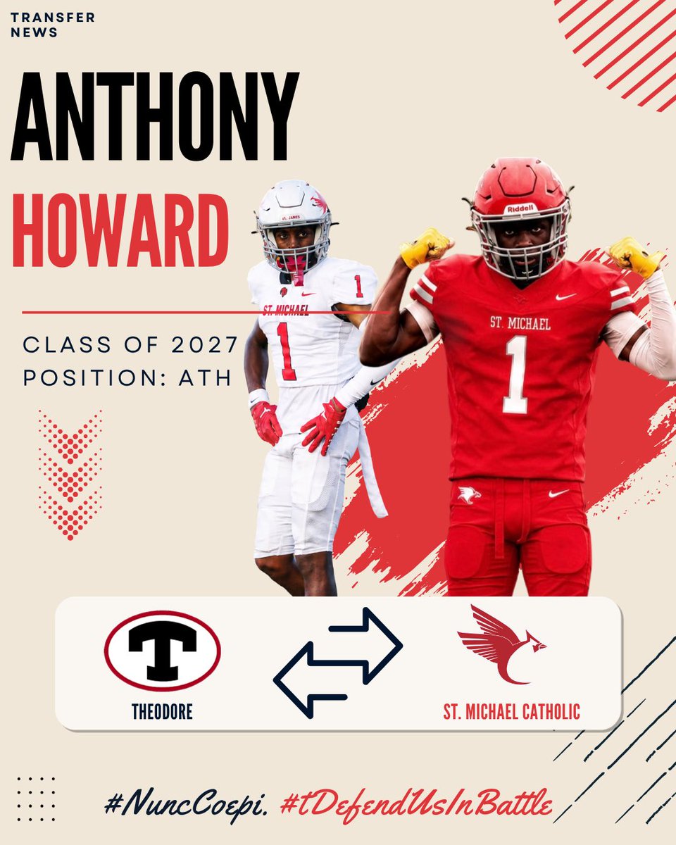 AnthonyMhoward1's tweet photo. After talking to my parents and friends and family, Iβve decided to transfer to Saint Michael Catholic High school to begin my senior year! #gocardinals #statebound #speedkill β‘οΈ@CoachBo7 @Coach_CEllis @DeLockett @jovante_moffatt @norvellv75 @ScoutFball @TDARecruiting https://t.co/baxqqhK8h1