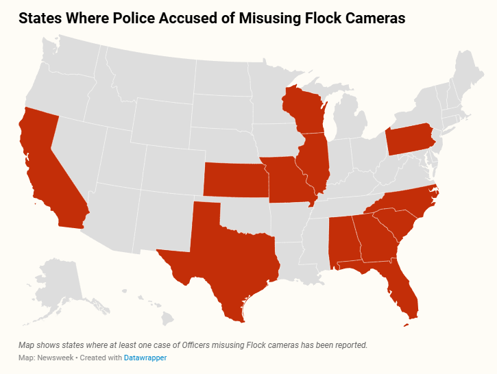 OrwellDay's tweet photo. Police accused of misusing #flock mass surveillance cameras across 12 states, and the list is growing https://t.co/45gBDY832B