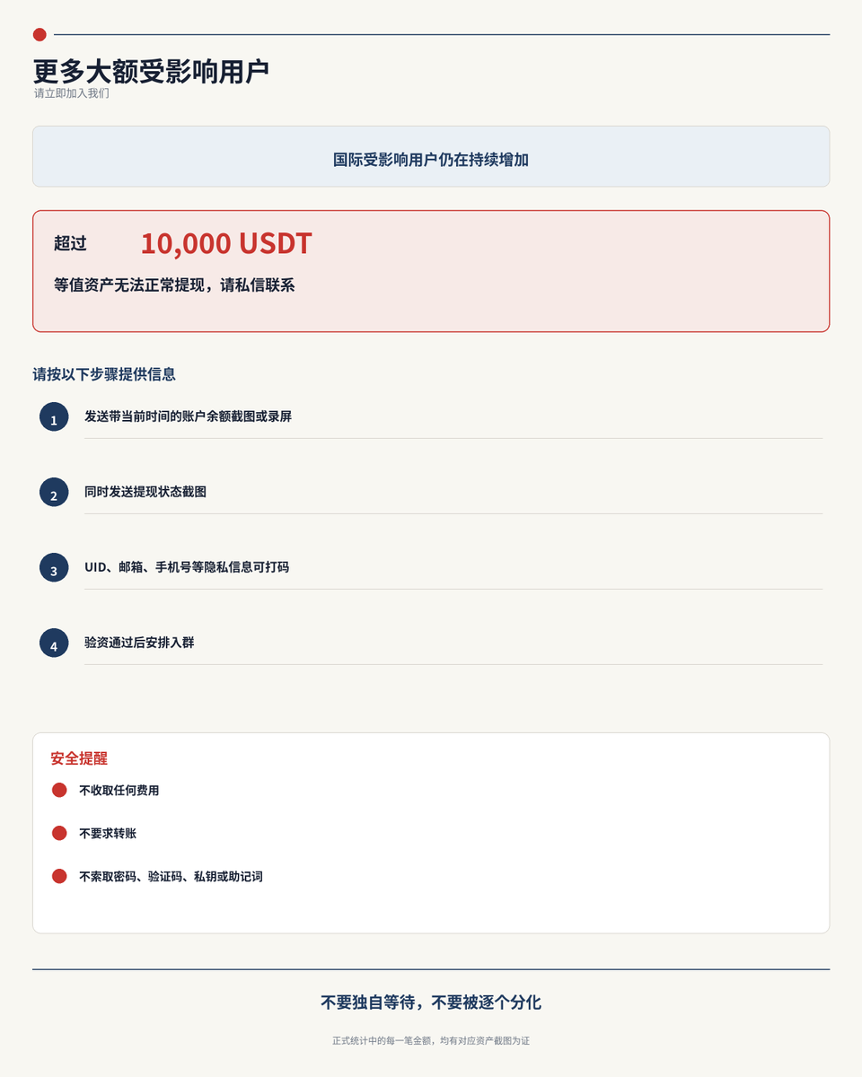 MINGLIbtc's tweet photo. 🚨🚨 24小时期限已届满：BitMart仍未联系用户代表，多国联合报案与证据提交正式启动！

@BitMartExchange @BitMart_zh @sheldonbitmart

我们此前公开要求BitMart在24小时内安排一名真正具有决策权的负责人联系我们，并提供用户资产状况及可核验的提现方案。

现在，期限已经届满。

截至目前，我们仍未收到BitMart高级管理层的实质性联系，也没有收到逐户提现时间表、真实资产说明或明确解决方案。“已经加急”“请耐心等待”等客服模板，不构成有效回应。

因此，来自中国大陆、香港、美国、日本及其他国家和地区的受影响用户，已经开始或正在准备向当地警方、金融监管机构及相关司法渠道提交证据。

我们正在统一保全：

账户余额及录屏、理财申购与赎回记录、提现卡住及退回记录、提现网络暂停证据、客服工单与邮件、钱包地址、交易哈希及链上资金记录。

目前已确认有 两名日本用户，各涉及约800万U，且两人均已完成资产验证。更多国家和大额用户仍在持续联系我们。

我们郑重提醒所有最终可能被认定负有责任的人员：

不要销毁记录；
 不要转移或隐匿相关资产；
 不要删除内部沟通；
 不要报复或威胁发声用户；
 不要试图通过沉默、拖延或逐个分化逃避责任。
任何涉嫌违法的行为，都将交由有关执法、监管和司法机关依法调查认定。
用户不会消失。
证据不会消失。
任何最终被认定负有责任的人，都不应逃脱法律追责。

同时，我们继续呼吁更多大额受影响用户加入。

如你在BitMart有 超过10,000 USDT等值资产无法正常提现，请私信我发送带当前时间的余额及提现状态截图。完成核验后，将安排进入受影响用户群，共同登记金额、保存证据、同步报案进展。
不收取任何费用，不要求转账，不索取密码、验证码、私钥或助记词。
@BitMartExchange @BitMart_zh @sheldonbitmart

BitMart仍然可以选择立即解决问题：

安排有决策权的负责人联系我们；
 公布真实资产及提现计划；
 恢复有效退出通道；
 全额返还所有用户资产。

详细时间线与证据：

https://t.co/gkiFeWe0ck

24小时已经结束。

多国联合行动已经开始。
更多大额受影响用户，请立即加入我们。
