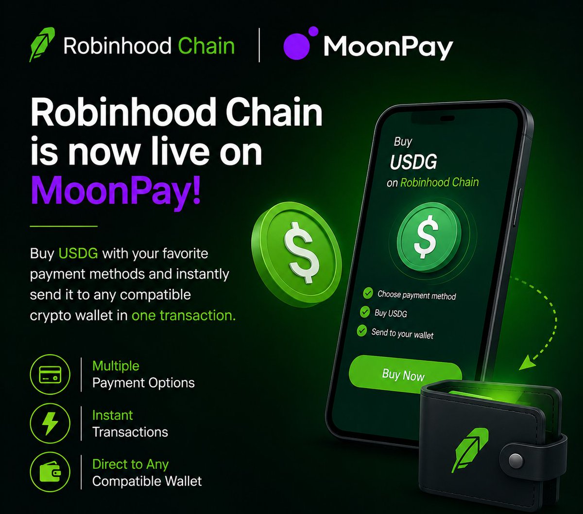 Rdx_Crypto's tweet photo. Buying USDG just became easier. 💳

With @RobinhoodApp  Chain now available on @moonpay , you can purchase USDG using your preferred payment method and send it straight to a compatible crypto wallet - all in one step.

⚡ Faster access to on-chain payments.

 Follow @Rdx_Crypto https://t.co/y9juKUpANq