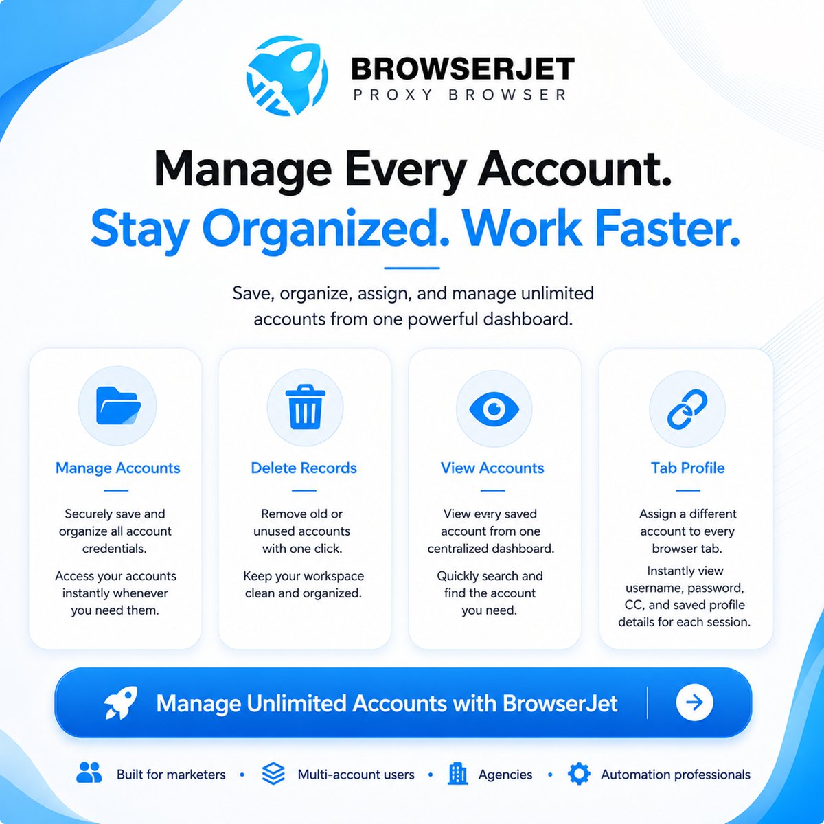 BrowserJet's tweet photo. Managing multiple accounts doesn't have to be complicated
✅ Save & organize all your accounts securely
✅ Assign a different account to every browser tab
https://t.co/KU1D3dxPvo
#BrowserJet #AccountsManager #MultiAccount #Productivity #BrowserAutomation #ProxyBrowser https://t.co/5DN4jElznk
