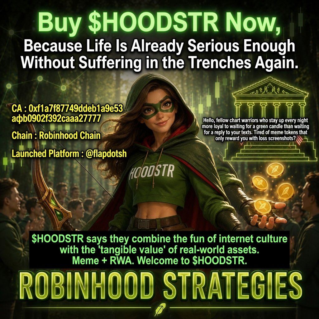 HOODSTR2025's tweet photo. Buy $HOODSTR Now, Because Life Is Already Serious Enough Without Suffering in the Trenches Again.

CA : 0xf1a7f87749ddeb1a9e53afb0902f392caaa27777
Chain : Robinhood Chain
Launched Platform : @flapdotsh 

Hello, fellow chart warriors who stay up every night more loyal to waiting for a green candle than waiting for a reply to your texts.

Tired of meme tokens that only reward you with loss screenshots and “diamond hands” captions while your hands are shaking? Exhausted from chasing airdrops that end up as “airdrops of regrets”?  Welcome to $HOODSTR.  This token lives on Robinhood Chain — yes, the network whose very name feels like an official invitation for retail investors who love “free trading” but still pay with their tears. Here $HOODSTR arrives with a narrative that’s… bold. Extremely bold.  
They claim to be one of the first tokens brave enough to say: “Want real stock rewards, bro?” Not mental stocks. Not “stocks when it moons.” Actual rewards tied to real-world assets (RWA). Meme + RWA. A combination that sounds like someone threw a pizza into a blender with financial reports and called it “innovative.”  
Imagine this: you hold a meme token, but behind the scenes there’s a story about exposure to stocks that normally only people with brokerage accounts and the patience to wait for market open can access. On Robinhood Chain, the narrative is super strong. So strong it almost sounds like an overconfident sales pitch in a market that’s 90% cat memes and 10% empty hope.  

$HOODSTR says they combine the fun of internet culture with the “tangible value” of real-world assets. Wow, cool. So besides tweeting “to the moon” while eating instant noodles, you can also pretend you’re an institutional investor diversifying your portfolio. Perfect.  

Why buy?  Because in crypto, if you don’t FOMO today, you’ll FOMO tomorrow while saying “I knew about it but didn’t buy.” Because the Robinhood narrative is hot right now, the chain is buzzing, and suddenly a token shows up claiming “I give stock rewards, you know.” Does it actually deliver as promised? Well, this is crypto. We’re all here to believe first and cry later.  So come on. Buy $HOODSTR.

Be part of the short history of “the first token that dared to play in the meme + RWA space on Robinhood Chain.”  Or don’t. Whatever. But later when the chart pumps and you can only say “wow that’s cool,” remember this sarcastic article that already reminded you with love (and a little mockery).  Very important disclaimer: This is not financial advice. This is just a funny sarcastic piece. Crypto is high risk. You can lose everything. DYOR. If you lose money, don’t tag the writer. Tag the chart instead.  Now go ahead and open your wallet. Or close this tab and continue doomscrolling. 

The choice is in your hands… and in the gas fees.