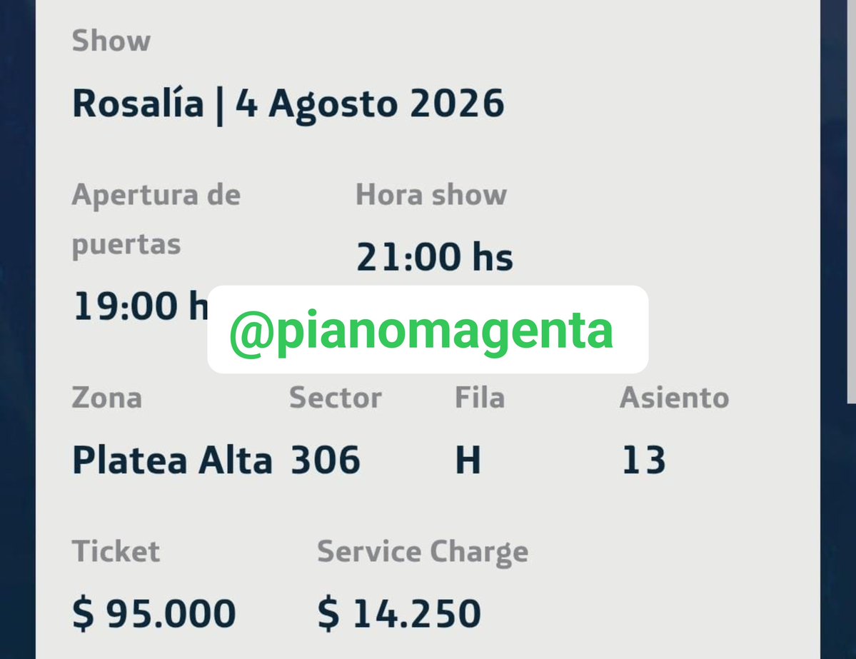 pianomagenta's tweet photo. VENDO DOS ENTRADAS PARA ROSALIA
PLATEA ALTA 
FECHA 4 DE AGOSTO 
$90.000 c/u (charlable)
Necesito cubrir otros gastos y no iré

Rosalia Argentina Platea Alta #Rosalia #LaRosalia #Rosaliaenargentina entradas Movistar arena https://t.co/dhiAlVZSSR