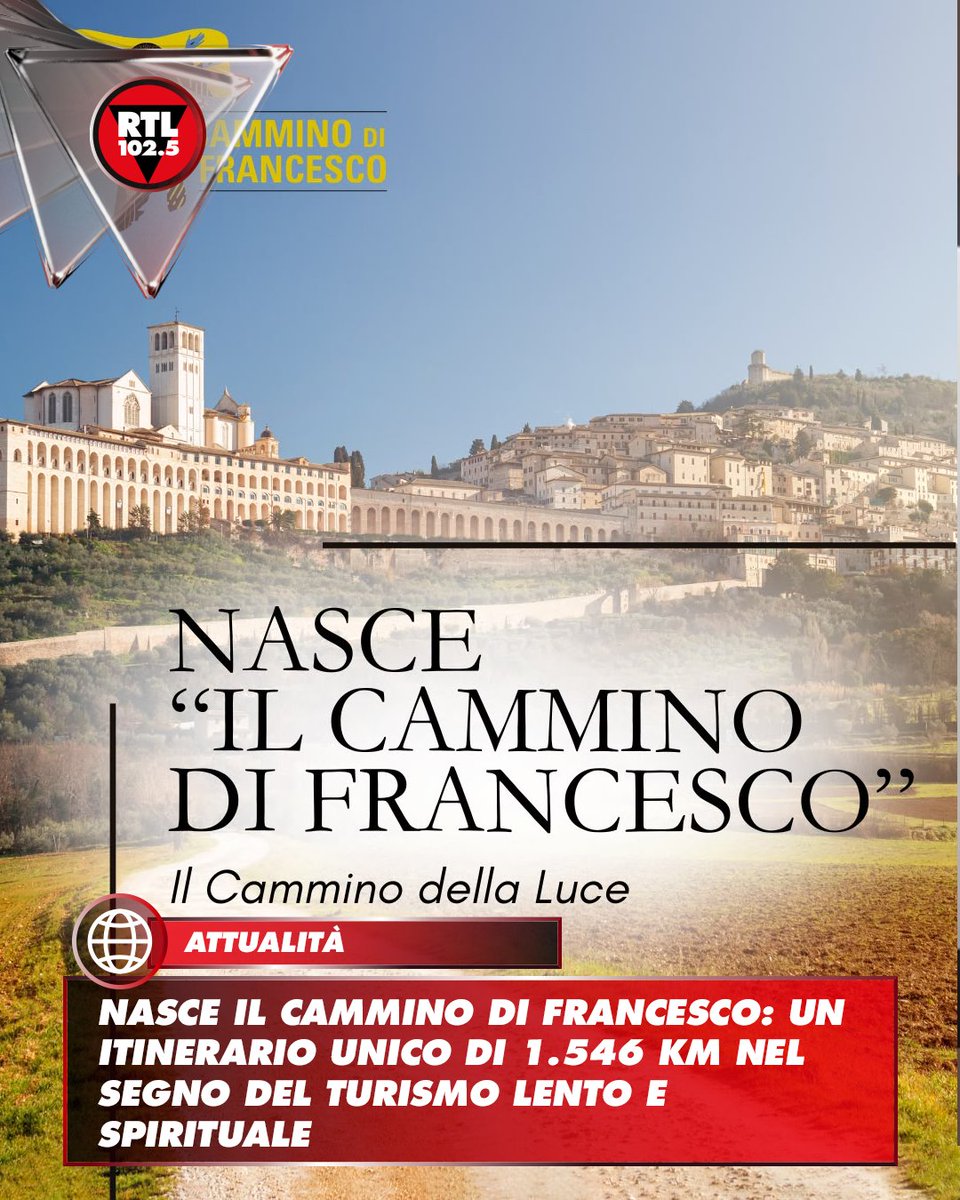 rtl1025's tweet photo. 📌 Presentato a Roma, presso la Presidenza del Consiglio, il progetto "Il Cammino di Francesco – Il Cammino della Luce", un nuovo itinerario nazionale che unifica i principali percorsi francescani italiani. Lungo 1.546 chilometri, attraversa Abruzzo, Emilia-Romagna, Lazio, Marche, Toscana e Umbria, con arrivo ad Assisi, valorizzando i luoghi legati alla vita di San Francesco e promuovendo un'esperienza di pellegrinaggio accessibile a piedi.

L'iniziativa, promossa dal Comitato Nazionale per l'ottavo centenario della morte di San Francesco insieme al Ministero del Turismo e all'Associazione Vie e Cammini di Francesco, punta a rafforzare il turismo lento, sostenibile e diffuso, favorendo la valorizzazione dei borghi e delle aree interne. Il percorso è inoltre disponibile online, con mappe e informazioni dedicate ai viaggiatori.

Durante la presentazione, il ministro del Turismo Gianmarco Mazzi ha definito il Cammino una grande opportunità per raccontare l'identità italiana attraverso i valori di San Francesco, mentre il sottosegretario alla Cultura Pietro Cannella ha evidenziato il suo ruolo nella promozione della cultura, della sostenibilità e della coesione tra territori. Davide Rondoni e Padre Francesco Piloni hanno infine sottolineato il valore spirituale, culturale e ambientale del percorso, concepito come un'esperienza di crescita personale oltre che di scoperta del patrimonio italiano