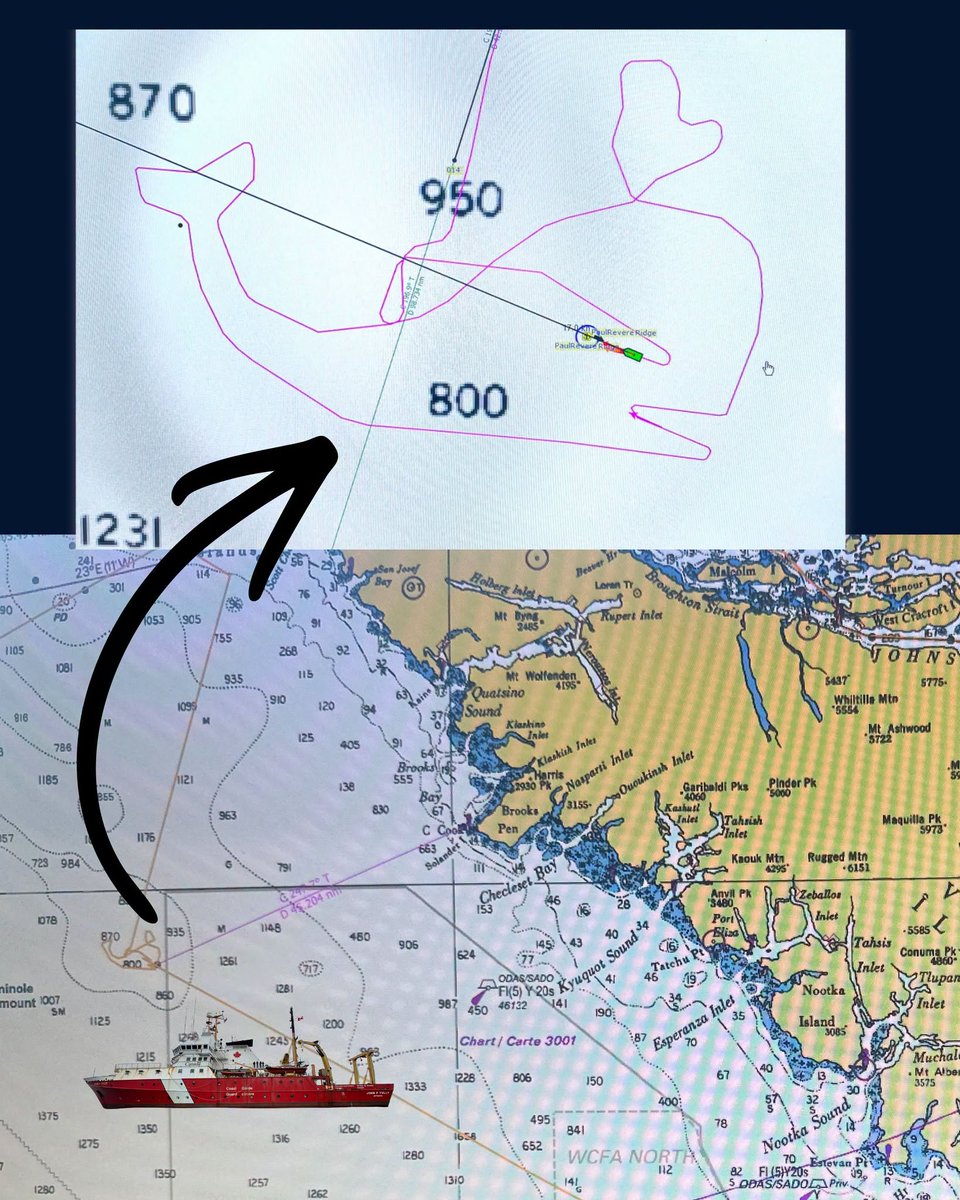 GardeCotiereCAN's tweet photo. En attente toute la nuit avant de déployer un enregistreur acoustique passif pour contribuer à la surveillance des baleines, l'équipage du NGCC J.P. Tully a mis ses talents de navigation à l'épreuve en transformant sa trajectoire en... baleine! 🐋

Photo 📷 : The Marine Detective https://t.co/A2W1IIJxlP