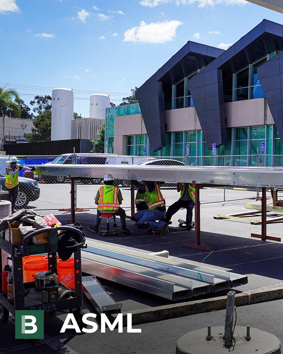 Baker_Electric's tweet photo. Baker Electric is proud to support a large-scale solar canopy installation at ASML's San Diego campus. Featuring 1,860 solar modules across four structures, the 1.283 MW DC system helps offset operational energy demand and advances renewable energy goals. https://t.co/kGH0g6cLY4