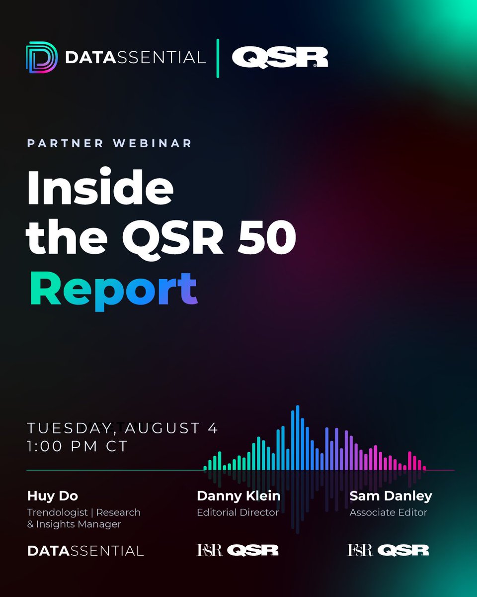 Datassential's tweet photo. What does the #QSR landscape look like right now? #QSRMagazine's Top 50 report, in partnership with #Datassential, breaks down the numbers behind America's biggest #fastfood chains. Join us on Tue, Aug 4: https://t.co/ASYdxRFHA2

#Foodservice #RestaurantChains #FoodIndustry https://t.co/Hy6KTQb9J7