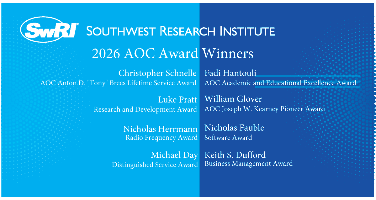 SwRI's tweet photo. Congratulations to all of SwRI’s 2026 Association of Old Crows Award winners, including the following recipients who received high honors for their innovative work in electronic warfare. https://t.co/A4VmO7xViV