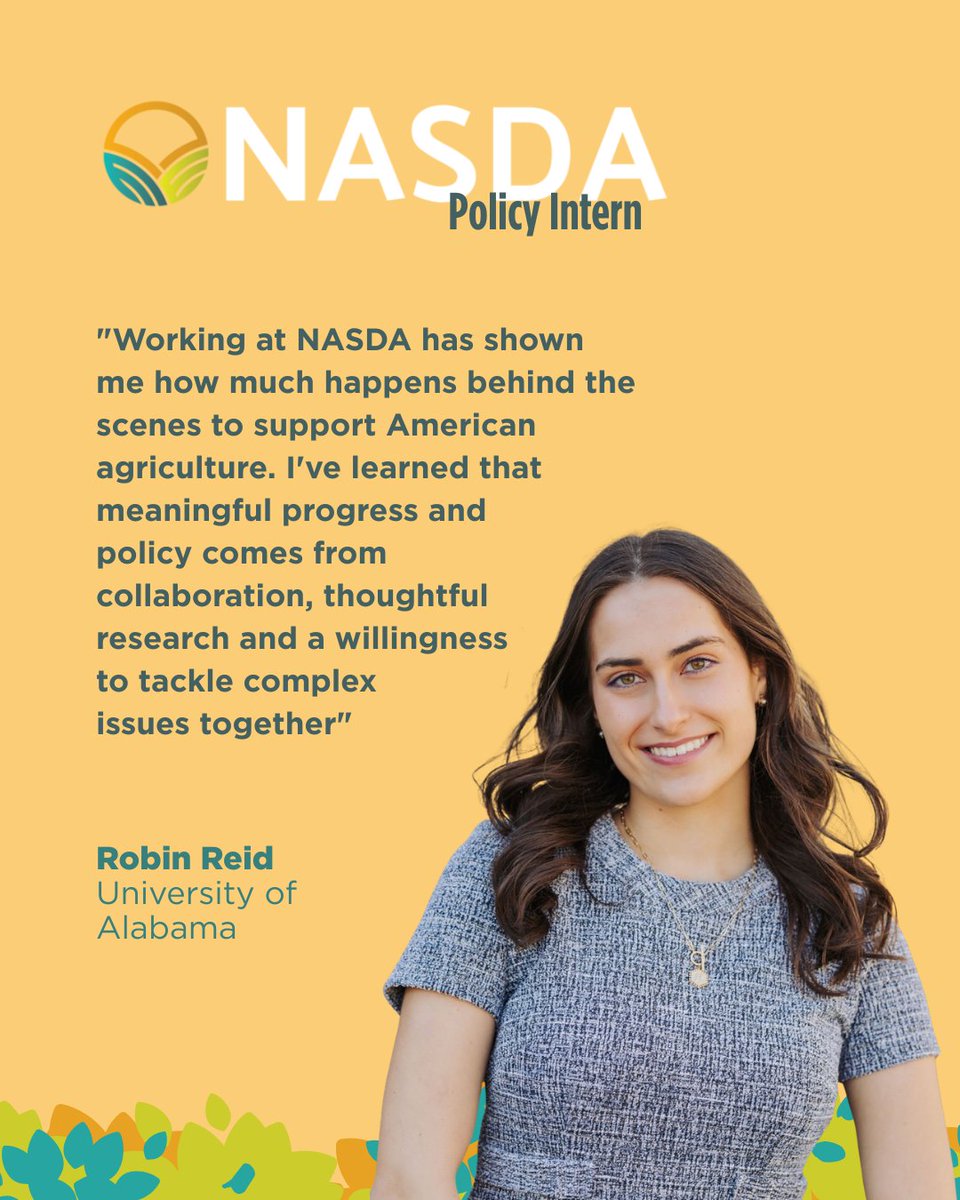 NASDAnews's tweet photo. Today we celebrate our talented interns who have helped advance NASDA's mission and support state departments of agriculture! From covering policy, to the @NASDAFoundation’s projects, to legal research through our partnership with the National Agricultural Law Center, each of our four interns brought fresh ideas, hard work and enthusiasm to our team. Thank you for everything you've accomplished. We're excited to see where your careers take you!

Swipe through to hear from each of them.