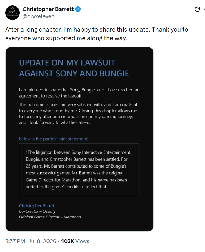bumbadum14's tweet photo. By the way, if you guys thought the fake allegations against Blizzard were bad, just wait till you see what Bungie and Sony did. 

They fired an exec over "harassment" and "misconduct" to prevent him from cashing out his equity in the company. 

And guess what, THOSE WERE FAKE TOO

Sony/Bungie SETTLED WITH HIM AND ADDED HIS NAME TO THE GAME CREDITS AND PAID HIM AN UNDISCLOSED AMOUNT OF MONEY.