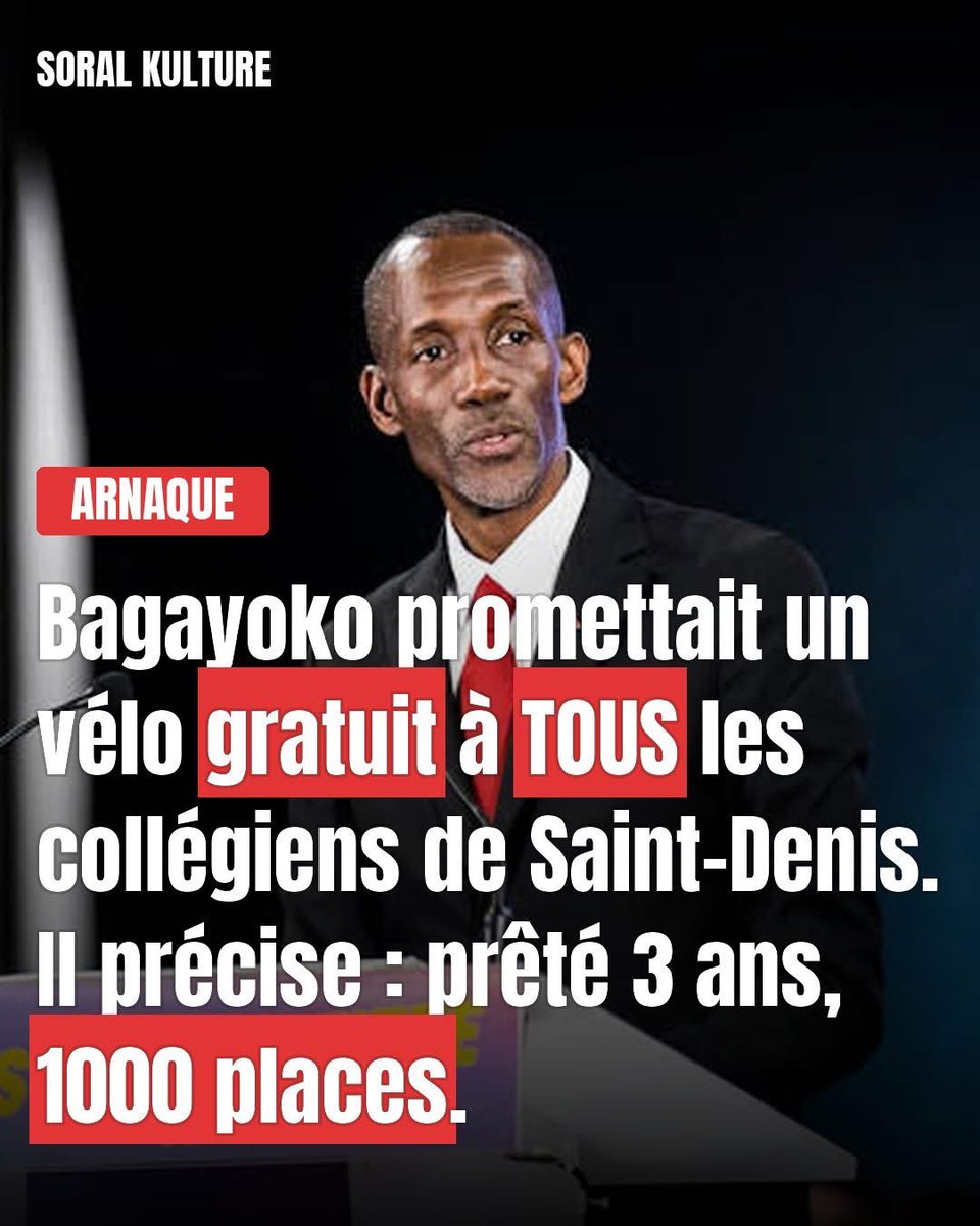 platiniumultra's tweet photo. Bally Bagayoko avait promis un vélo gratuit à chaque collégien de 3ème de Saint-Denis.
Il précise maintenant : vélo prêté pour 3 ans, 1000 places disponibles.

Ce n'est pas un détail. C'est une réécriture de deux mots en même temps.

Le premier mot retourné, c'est "gratuit." Ce que tu reçois, tu le rends au bout de 3 ans. Ce n'était pas un cadeau. C'était un prêt. La différence entre un cadeau et un prêt, en droit, en argent, en symbole, c'est exactement tout.

Le deuxième mot retourné, c'est "tous." Combien y a-t-il de collégiens de 3ème à Saint-Denis ? Plusieurs milliers. 1000 places disponibles

Ce qu'on appelle une promesse électorale à Saint-Denis fonctionne exactement comme ça. Assez précise pour faire du bruit au moment où on en a besoin. Assez floue pour être réinterprétée sereinement après. La version initiale reste dans un discours de meeting. La version réelle arrive dans un communiqué technique que personne ne lit, des mois plus tard, une fois les élections passées.

1000 collégiens auront un vélo pendant 3 ans. Puis ils le rendront.

Ça pédale fort dans la semoule chez LFI