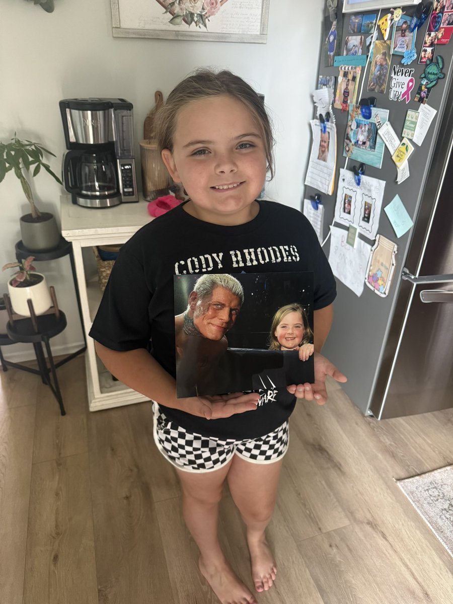 Jaspersmith725's tweet photo. @CodyRhodes Story Time: March 23, 2024 
4 days after Ella’s Mom was diagnosed with breast cancer we went to the live show in Springfield, IL and Ella got this photo with you (removed the background people), using her Mom’s phone…. Fast forward we’ll be back there tonight, and Ella’s hoping to get the picture signed this time ❤️ @WWE #codyrhodes #wwe #wwesummertour #springfieldil