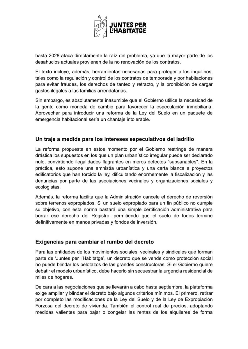PAH_Valencia's tweet photo. Nota de Premsa de Juntes per l'Habitatge sobre l'últim Reial Decret Llei del Govern i la seua retirada ara per a presentar-lo a setembre.👇👇👇 https://t.co/mtZipwX9Gu