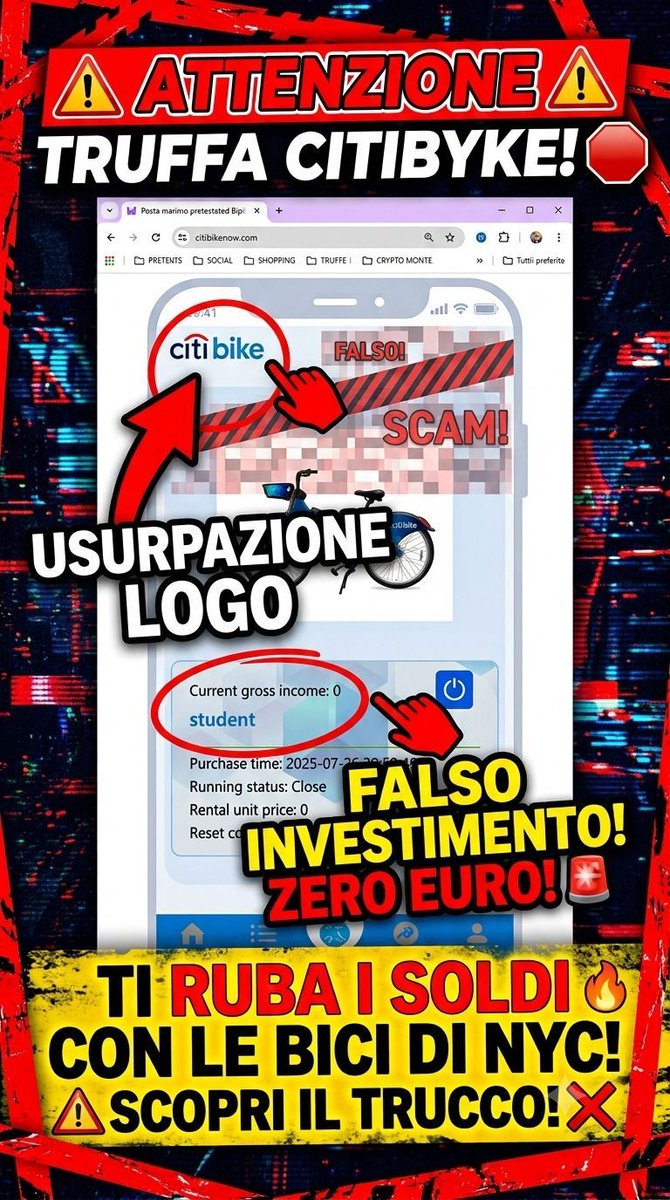 robertoteb's tweet photo. CITIBYKE TRUFFA: Usano il logo delle bici di NY! Analizziamo https://t.co/m1Xatww2o4, un task scam che sfrutta il brand di bike sharing con livelli e finte rendite per rubare soldi. 
Guarda il video: https://t.co/vSgbjipHB8 
#citibyke #truffa #taskscam #adv https://t.co/976xq9O646