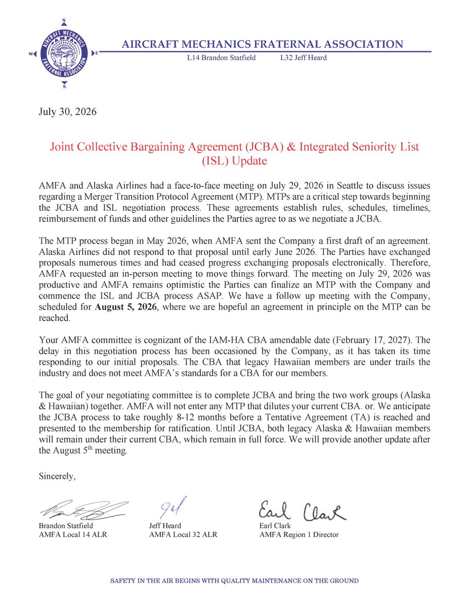 amfalocal32's tweet photo. Joint Collective Bargaining Agreement (JCBA) &amp; Integrated Seniority List (ISL) Update AMFA and Alaska Airlines had a face-to-face meeting on July 29, 2026 in Seattle to discuss issues regarding a Merger Transition Protocol Agreement (MTP).

PDF of Image: https://t.co/Ggn2pEr4K8 https://t.co/Sww0J595Cf