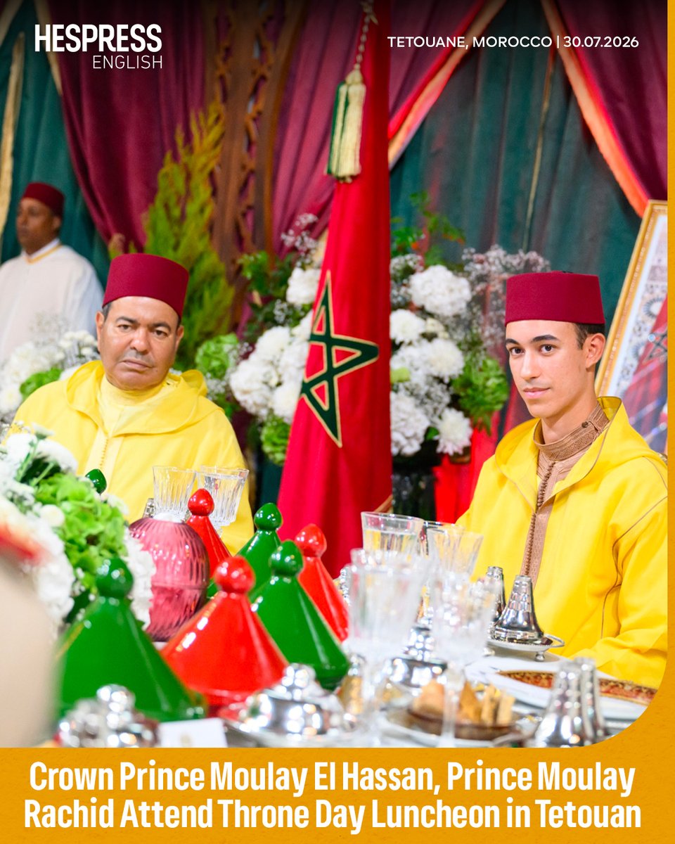 HespressEnglish's tweet photo. Crown Prince Moulay El Hassan and Prince Moulay Rachid attended a celebratory luncheon hosted by Head of Government Aziz Akhannouch in Tetouan on Thursday to mark the 27th anniversary of King Mohammed VI's accession to the throne.
#Morocco #Tetouane #ThroneDay #CMO
#HespressEng https://t.co/QdFZHsEO7I