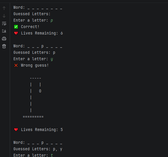 AhmadiMeen35936's tweet photo. Just built a classic Hangman Game in Python!
β
Random word generation
β
Input validation
β
Letter tracking
β
Lives system
β
Win/Lose conditions
A fun project to practice Python like loops, conditions, lists, and string manipulation
#codetoinspire
@a_daneshyar
@f_forough https://t.co/06WecbVp2K