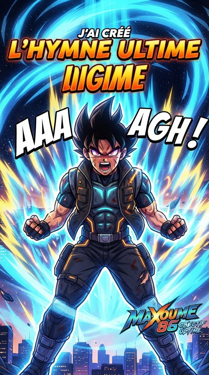 maxoume86's tweet photo. J'ai créé l'hymne ultime de la chaîne ! 🔥 De Naruto à Goku, ce morceau c'est notre combat de zéros à héros. Ne lâchez rien les gars ! ⚡
​🎧 Écoute le son complet ici : https://t.co/AZmli2WbPA
​#Maxoume86 #ObjectifUltime #manga #anime #musiquemotivation https://t.co/ve2W24JMu6