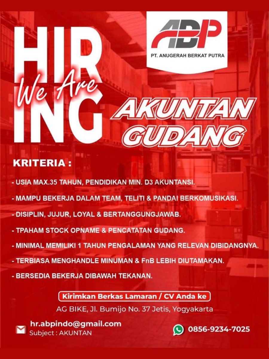 jogjalowker's tweet photo. Loker Jogja terbaru hari ini dari PT. Anugerah Berkat Putra :

Akuntan Gudang

Selengkapnya di : https://t.co/XMCWMJ2loR

⚠️ Rekrutmen gratis tanpa biaya apapun. https://t.co/kKTpETW9uE