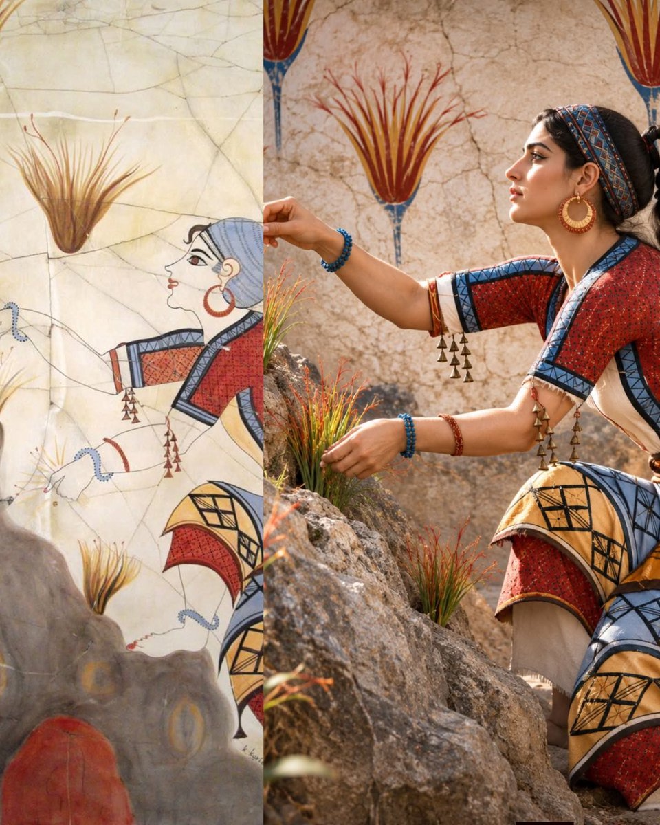 archeohistories's tweet photo. The "Saffron Gatherer" Reimagined: Bringing a Minoan Masterpiece to Life

This modern reconstruction brings to life the famous Minoan fresco known as The Saffron Gatherer (or The Crocus Gatherer), transforming the ancient wall painting into a realistic vision of how the woman may have appeared over 3,500 years ago.

Discovered at the prehistoric settlement of Akrotiri on the island of Thera (Santorini), the fresco dates to the 17th century BC and depicts a young woman gathering crocus flowers, prized in the Bronze Age for producing saffron. The artwork is one of the finest surviving examples of Aegean prehistoric painting.

Minoan frescoes adorned the walls of palaces and elite buildings across Crete and the wider Aegean, particularly at Knossos, Phaistos, Malia, and Akrotiri. Painted with vibrant mineral pigments on wet plaster, they captured scenes of nature, rituals, ceremonies, and everyday life with remarkable elegance and movement.

The frescoes reveal a society that valued beauty, harmony, and the natural world. Men and women are often portrayed with equal prominence, suggesting a culture where both genders played significant roles in religious and social life. Their elaborate hairstyles, colorful garments, and jewelry reflect the sophistication of one of Europe's earliest advanced civilizations.

Today, digital reconstructions like this one bridge the gap between ancient art and reality, allowing us to imagine the people behind these iconic frescoes and offering a vivid glimpse into the vibrant world of the Minoans.

#archaeohistories
