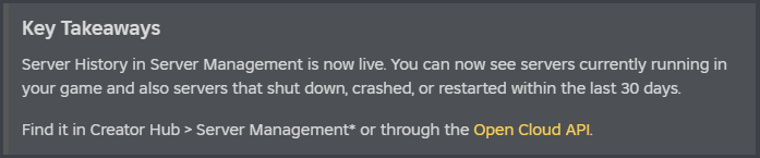AREGames_Tweets's tweet photo. NEW Roblox Creator Studio Update helps pinpoint why your games servers aren't growing🔥

Roblox just announced this new update that will let developers know exactly why their games servers ended.

This helps determine if your game servers aren't growing due to a crash or memory leak

This data lasts for for up to 30 days after the server ends

Find it in Creator Hub > Server Management

My initial thoughts:
> Is this a major win for developers? 
> Is there something else Roblox should be working on instead? 

#Roblox #RobloxDev