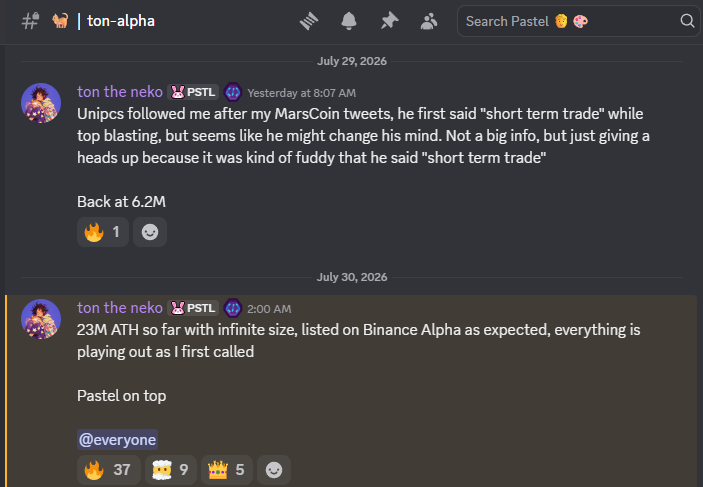 PastelAlpha's tweet photo. Absolutely insane call by @tontheneko on $MarsCoin

Pinged the whole server and gave an amazing thesis for all members.

Scan: 1.8M
Staff call: 6.2M
ATH: 45M

Doing a big giveaway on this tweet. Drop a comment below to enter! https://t.co/1Ybq5PECDY