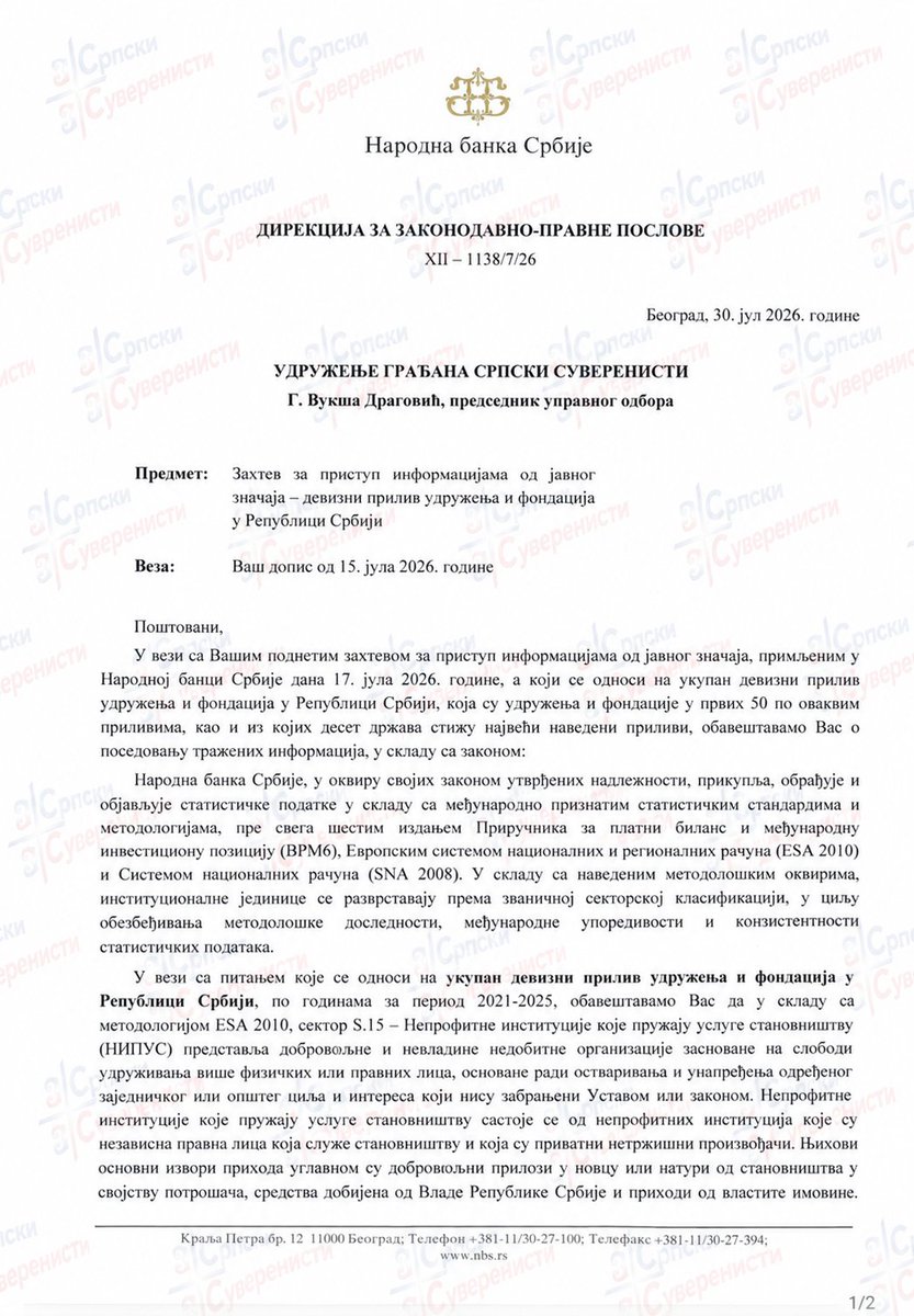 NaStraniNaroda's tweet photo. 🚨Odgovor Narodne banke Srbije

Nevladine organizacije u Srbiji su u periodu od 2021. do 2025. dobile 1,3 milijarde evra iz inostranstva. https://t.co/wM4rE452GD