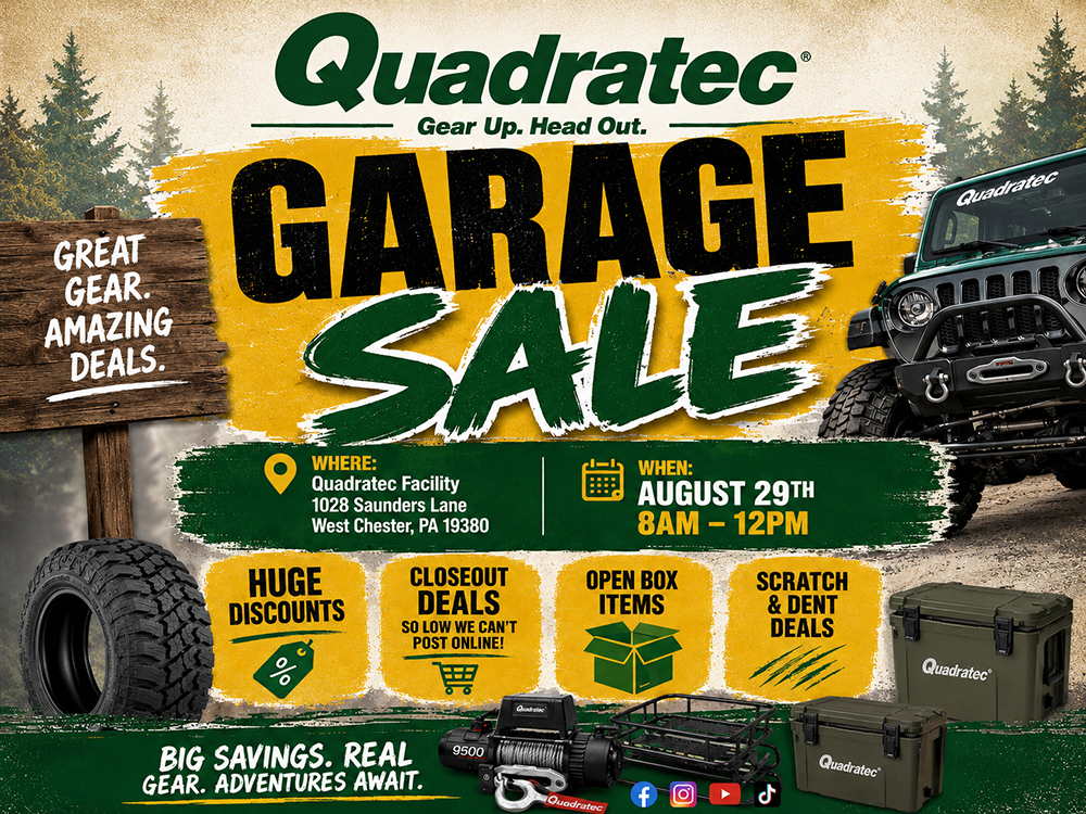 Quadratec's tweet photo. Mark your calendars! 📅On August 29th from 8 AM to 12 PM, we're opening up our warehouse for a Garage Sale! Please note: this is NOT our Jeeps &amp; Java. This is a separate event taking place ahead of our Fall J&amp;J. 
https://t.co/WCaNZOrS6V https://t.co/yObjCocF24