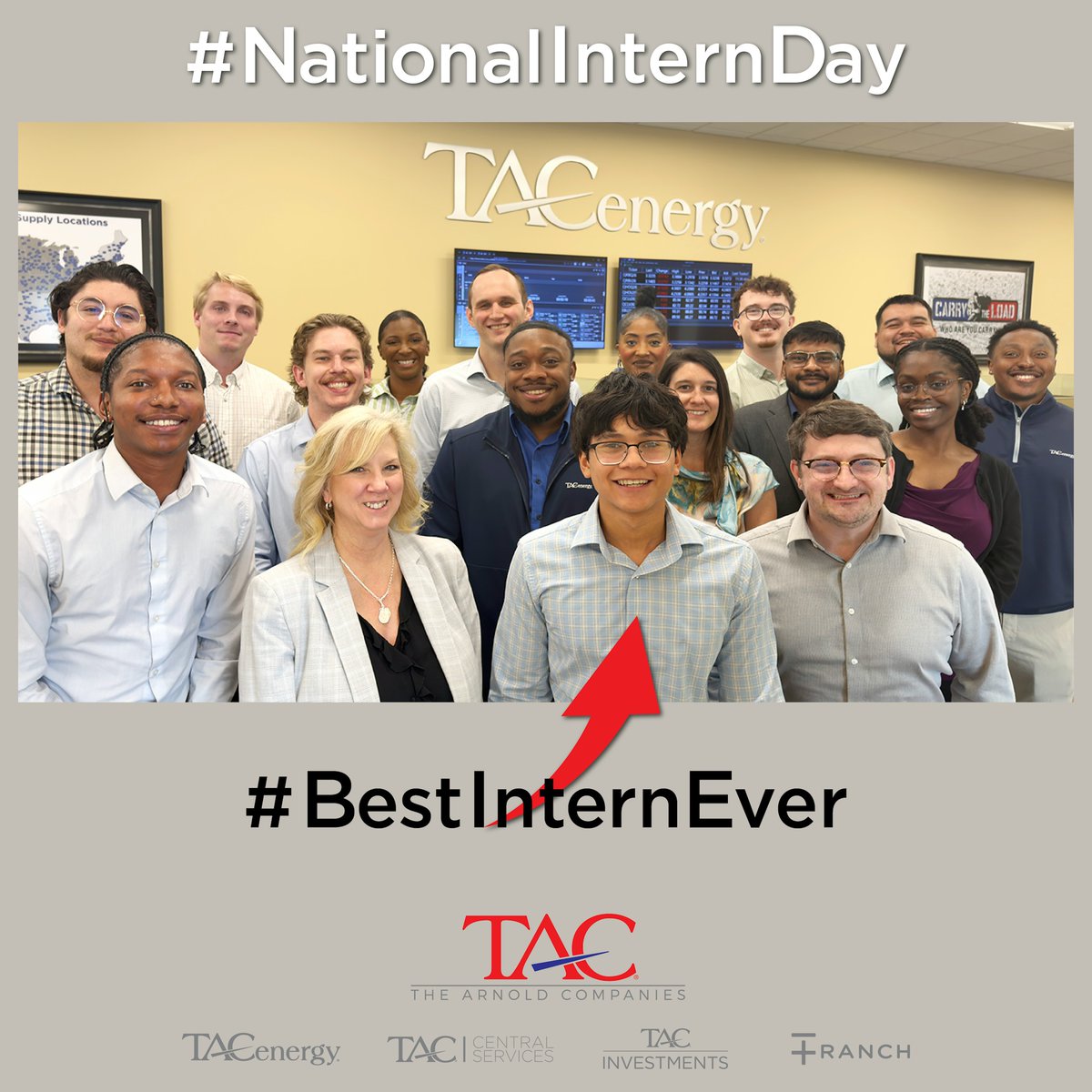 TACenergy's tweet photo. We are celebrating our amazing summer 2026 intern, @Kevin Araujo this #NationalInternDay.

Here he is alongside our incredible #TAC and #TACenergy associates he has been learning from all summer. 

Thanks to @All Stars Project and @Dallas Works for the #BestInternEver https://t.co/3CSe2OrJ2U