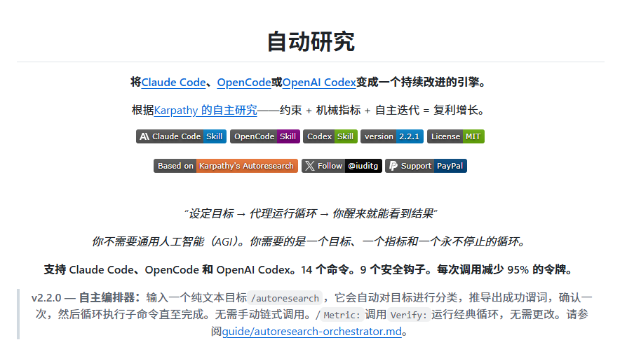 XAMTO_AI's tweet photo. 以前总觉得AI还得靠人一步步喂指令才能干活，直到我试了这个叫Autoresearch的东西，才发现原来给AI定个目标加个衡量标准，它就能自己玩命迭代，根本停不下来。

它灵感来自Karpathy的那套思路，现在在Claude Code和OpenCode上都能跑，不光是写代码，做内容、搞运维什么的同样适用。

改一下代码→跑个验证→效果好就留着，效果差就回滚→然后无限循环，直到达成目标。
整个过程全自动，你只需要定好规则，它就能自己跟自己较劲，不断优化。

🔗传送：https://t.co/kKcKWbYB7Y