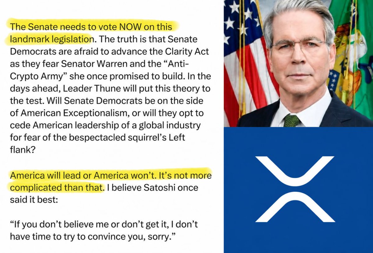 XRP_IRINA's tweet photo. 🚨HUGE: 🇺🇸Treasury Secretary Scott Bessent says the Senate needs to vote on the Clarity Act NOW.

"America will lead or America won't."

I agree, the Senate should stop delaying. https://t.co/p3VMi2Q12o