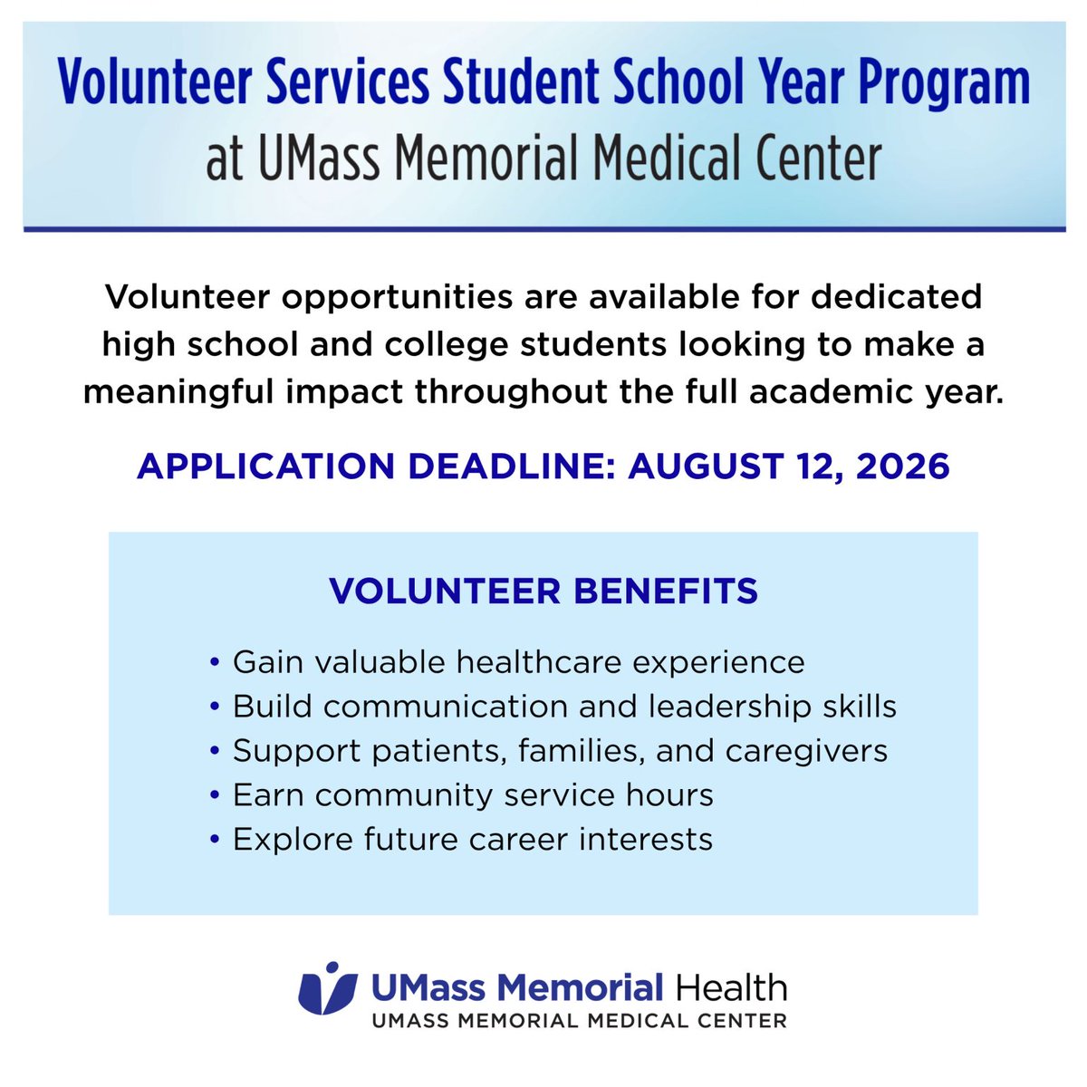 umassmemorial's tweet photo. Volunteer opportunities at UMass Memorial Medical Center are available for dedicated high school and college students looking to make a meaningful impact throughout the full academic year. Apply before August 12 — spaces are limited: https://t.co/RE34aXdEwT https://t.co/4P4kKZDXAj