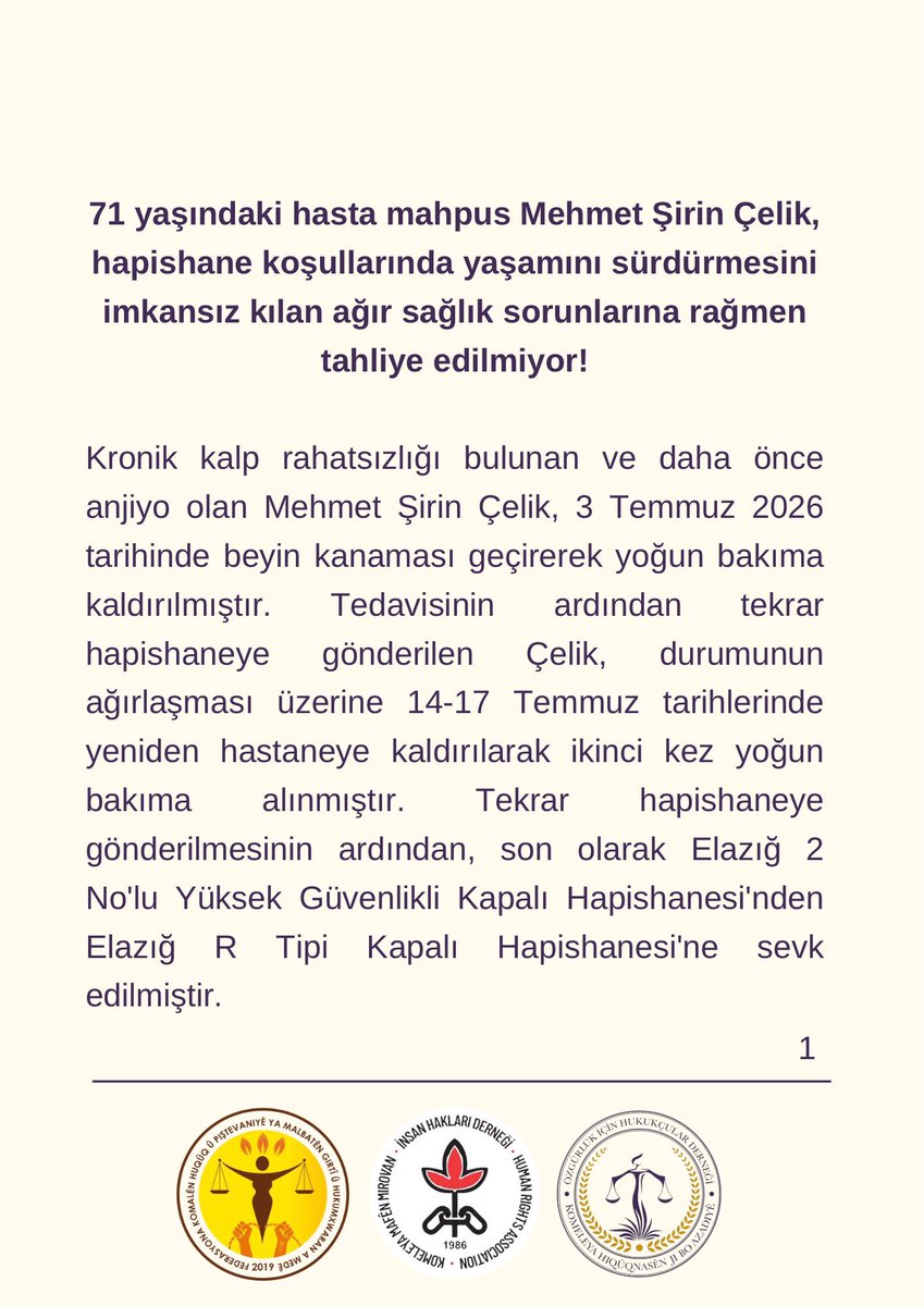 batmanihd's tweet photo. 71 yaşındaki ağır hasta mahpus Mehmet Şirin Çelik derhal serbest bırakılmalıdır! 

#HastaMahpuslaraÖzgürlük #MehmetŞirinÇelikSerbestBırakılsın https://t.co/B8QyYbnDCq