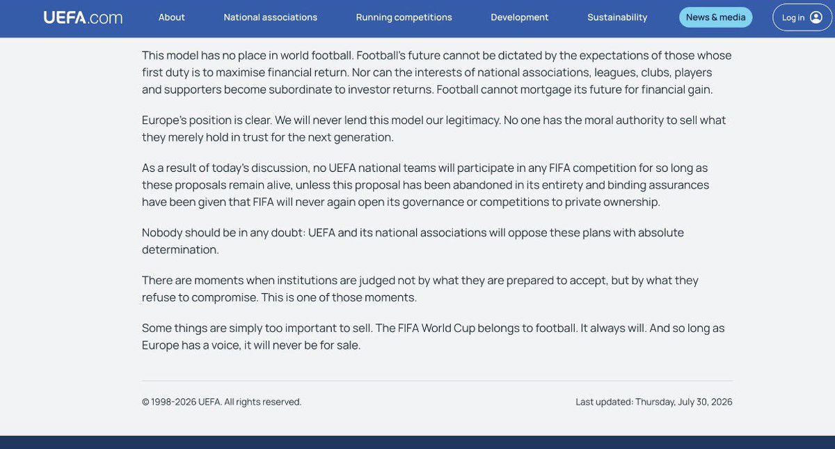 mehtepliler's tweet photo. UEFA'dan resmi bildiri: FIFA turnuvalarında ne kulüpler ne de milli takımlar yer alacak.

Gianni Infantino'nun işi bitti.✅ https://t.co/kxMsGfCX8q