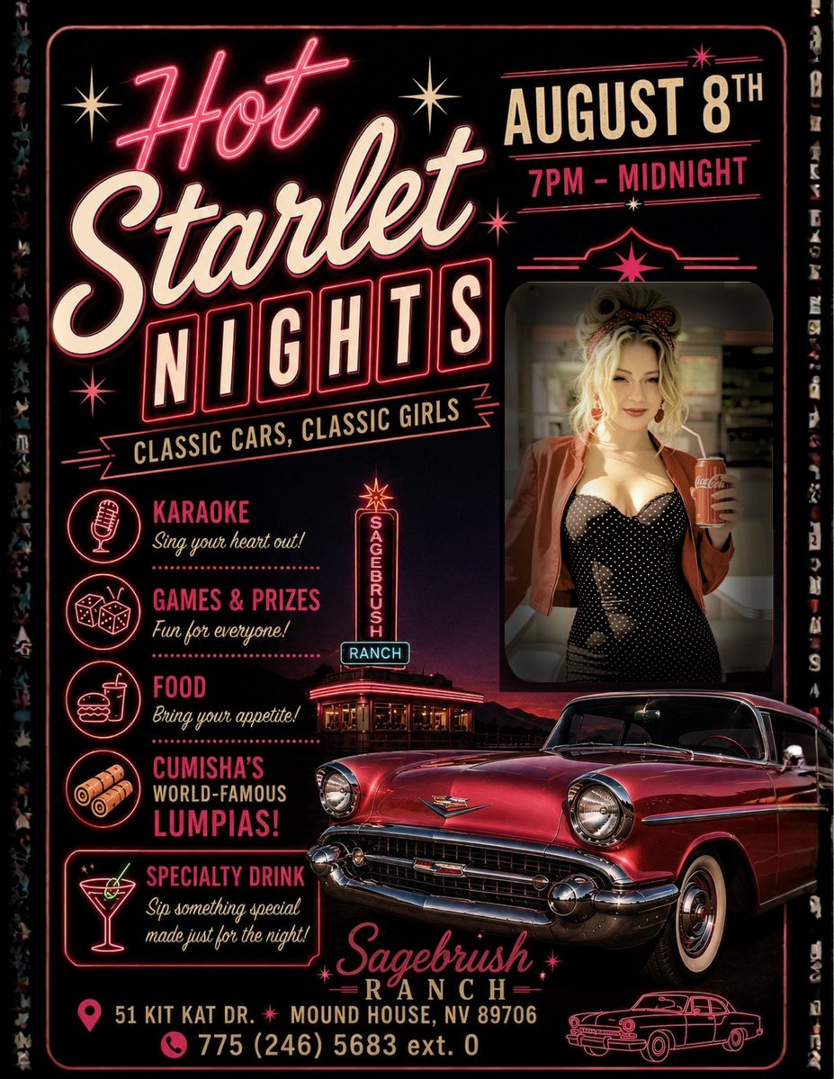 SageBrushHQ's tweet photo. 🚗✨ Vintage style. Classic cars. Summer nights.

Hot Starlet Nights arrives at Sagebrush Ranch on Saturday, August 8, bringing a retro-inspired evening of karaoke, games, prizes, and classic Americana atmosphere.

For official event details and updates:
 https://t.co/w0w1GLBhr1
Intended for adult audiences 18+.