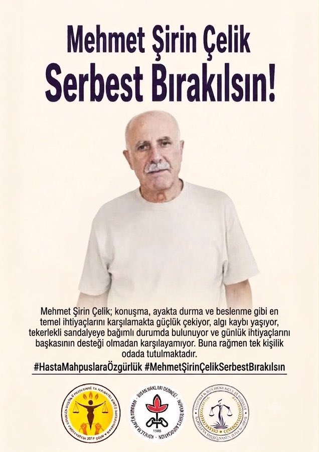 sevinikk's tweet photo. 71 yaşındaki ağır hasta mahpus Mehmet Şirin Çelik'in, mevcut sağlık durumuna rağmen hapishanede tutulmaya devam edilmesi; AİHS'in 3. maddesi bakımından ciddi ihlal iddiaları doğurmaktadır.

#HastaMahpuslaraÖzgürlük
#MehmetŞirinÇelikSerbestBırakılsın https://t.co/DXg8zigqv8