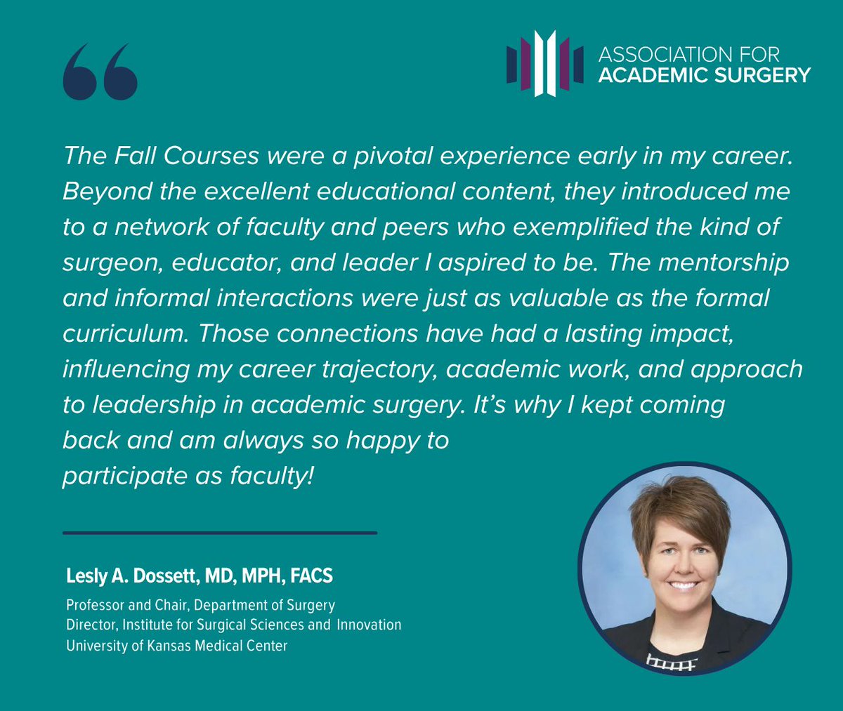 AcademicSurgery's tweet photo. "The mentorship and informal interactions were just as valuable as the formal curriculum."

That's how Dr. @LeslyDossett, Chair of Surgery at the University of Kansas Medical Center and AAS Recorder, describes what the Fall Courses gave her early on, and why she keeps coming back as faculty.

The 2026 Fall Courses are September 25 in Washington, D.C. Early bird pricing closes September 14.

Register: https://t.co/Yv6mKXaTXo