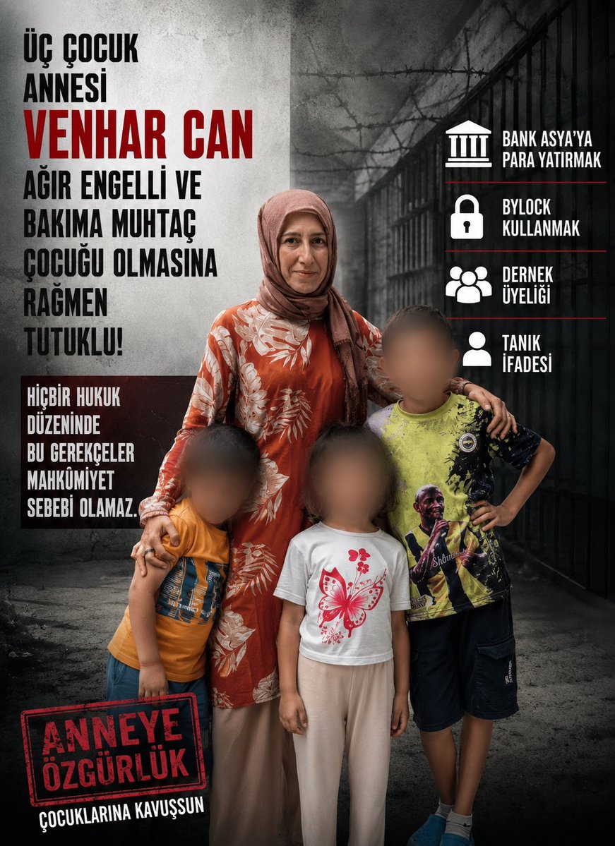 odakdunyam's tweet photo. Biri ağır engelli ve bakıma muhtaç olmak üzere üç çocuk annesi Venhar Can, Bank Asya’ya para yatırmak, ByLock kullanmak, dernek üyeliği ve tanık ifadesiyle mahkûm edildi.

Hiçbir hukuk düzeninde bu gerekçeler mahkûmiyet sebebi olamaz.

@VezirParlak

#HerkesİçinAdalet https://t.co/KF2pytuOUk