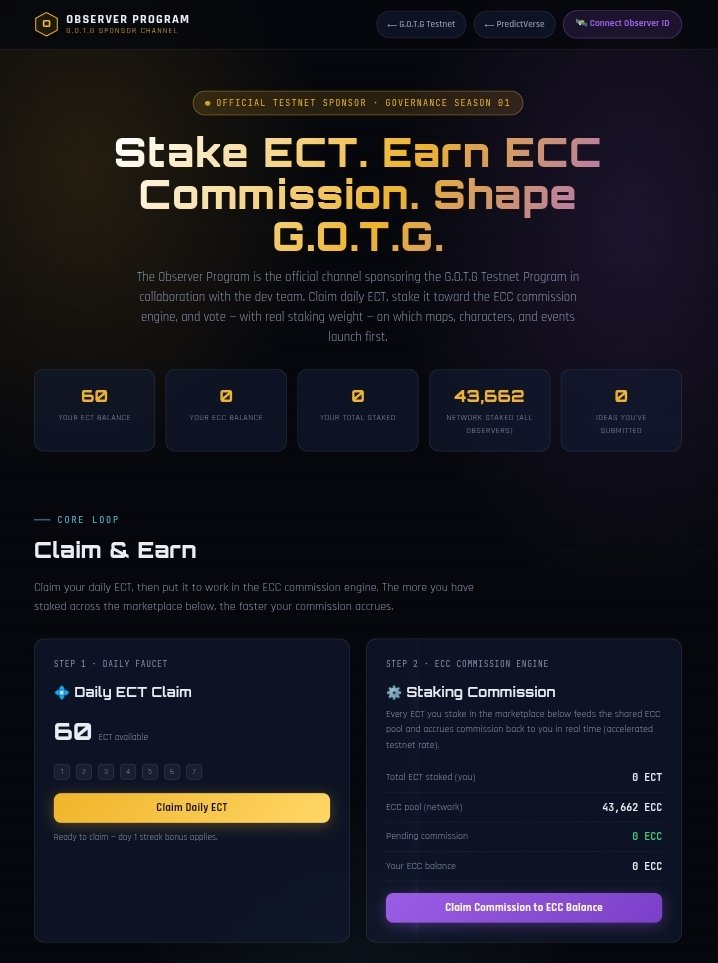 Gotgweb4's tweet photo. Your voice should carry real weight.
The Observer Program is the official sponsor of G.O.T.G Governance Season 01, built in collaboration with the development team.
Every day you can:
💠 Claim ECT ⚙️ Stake into the ECC Commission Engine 📈 Earn ECC commissions 🗳️ https://t.co/HXYl4Ohr1u