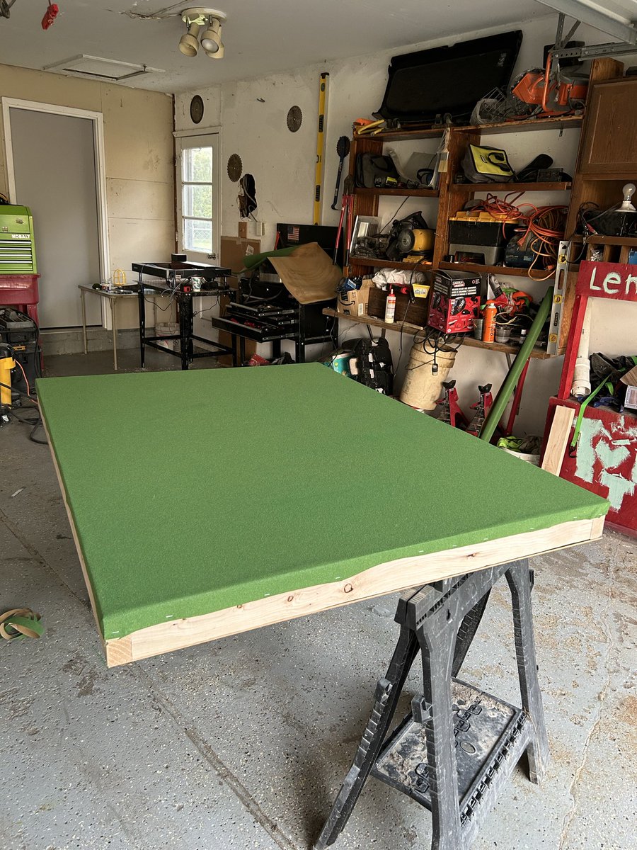 ArcherStudioLLC's tweet photo. The beginning of a new double sided war gaming table. Although a battle mat can and will be used on top, a diorama grass mat was pasted on one side for an ever present terrain to use. The other side will be for a Boarding Actions terrain set still to be added on. https://t.co/ya1JxTVV38