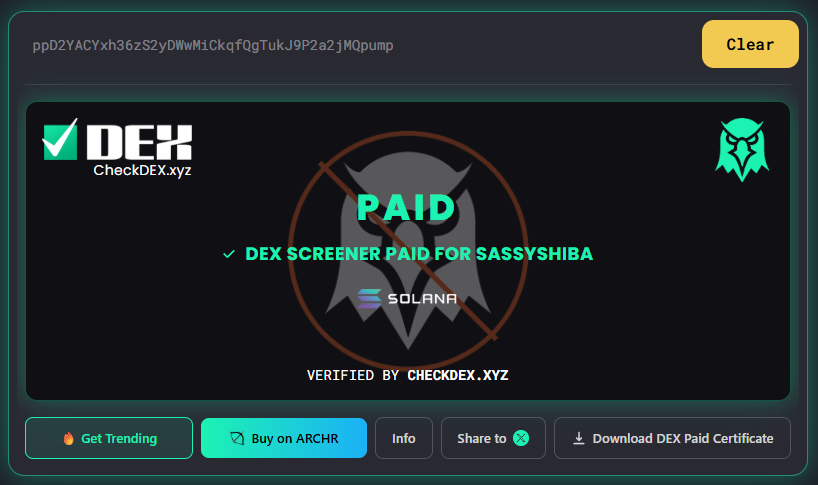 SASSYSHIBA_SOL's tweet photo. DEX paid!

we're heading towards 1M
#DEX #solana #pumpfun #swap https://t.co/mfkCctxKs3